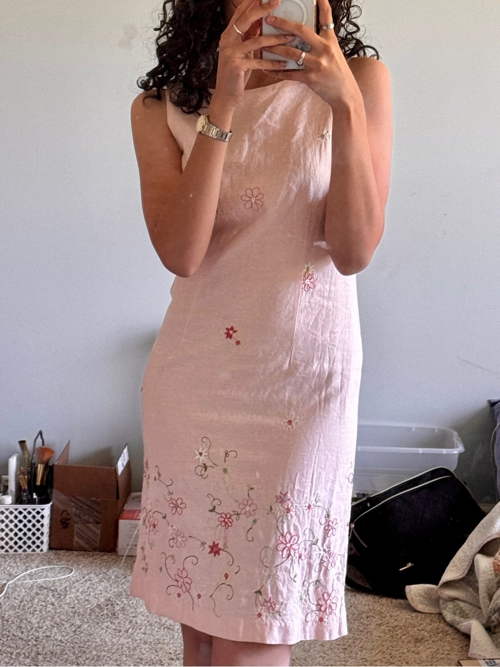 Vintage Linen Light Pink Embroidered Midi Dress